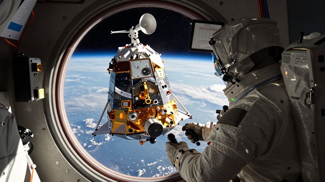 Astronaut inside spacecraft window operating controls with a lunar module and Earth visible in the background.