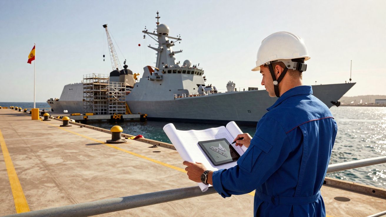 Engineer in blue coveralls and helmet reviewing ship blueprints at dock with naval vessel in background