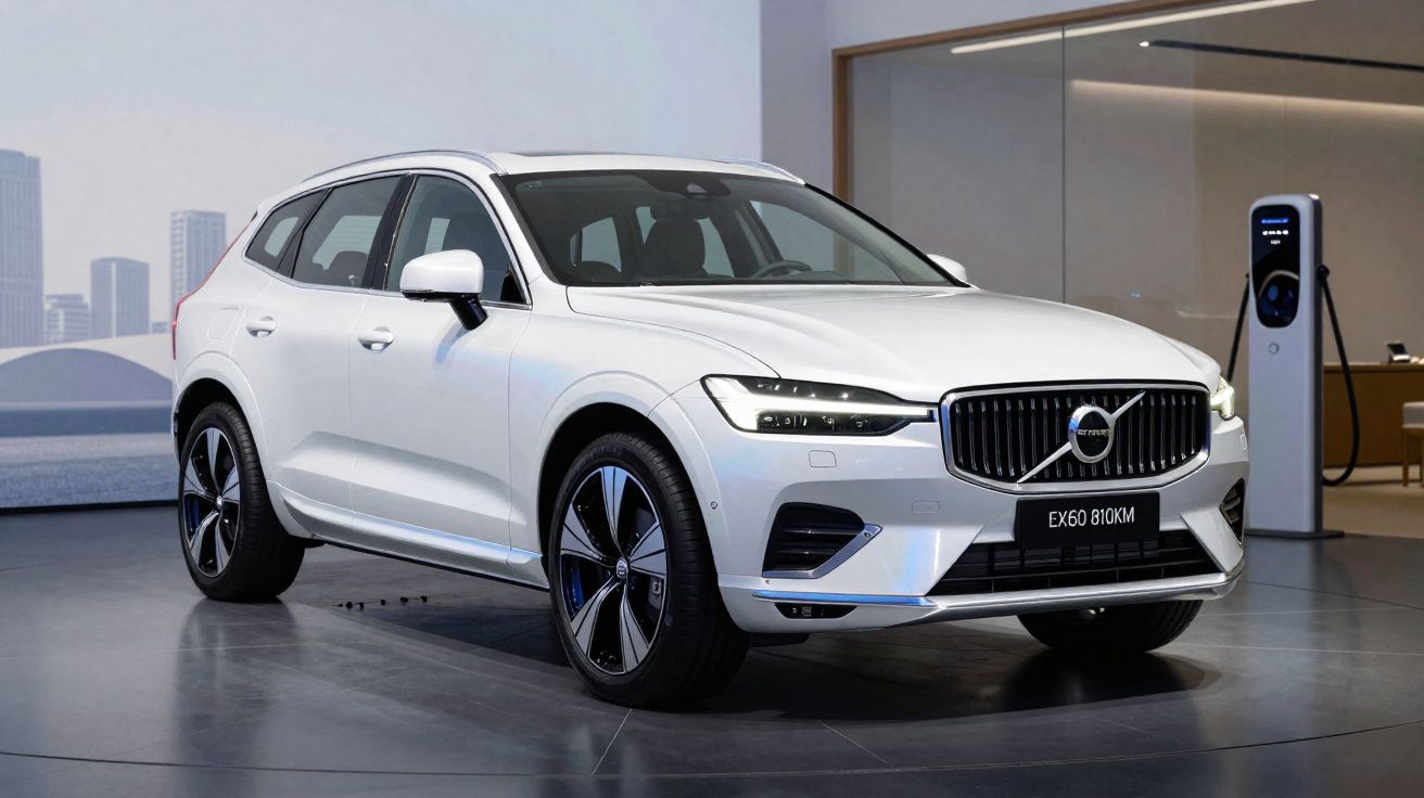 White Volvo EX60 electric SUV displayed indoors next to a charging station with cityscape background.