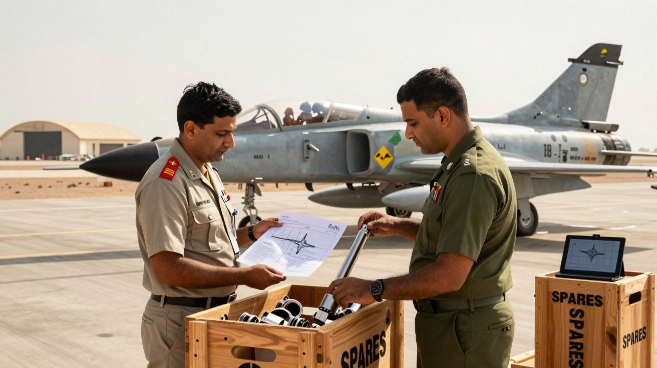 Two military personnel inspecting aircraft parts from crates on a runway with a jet in the background.