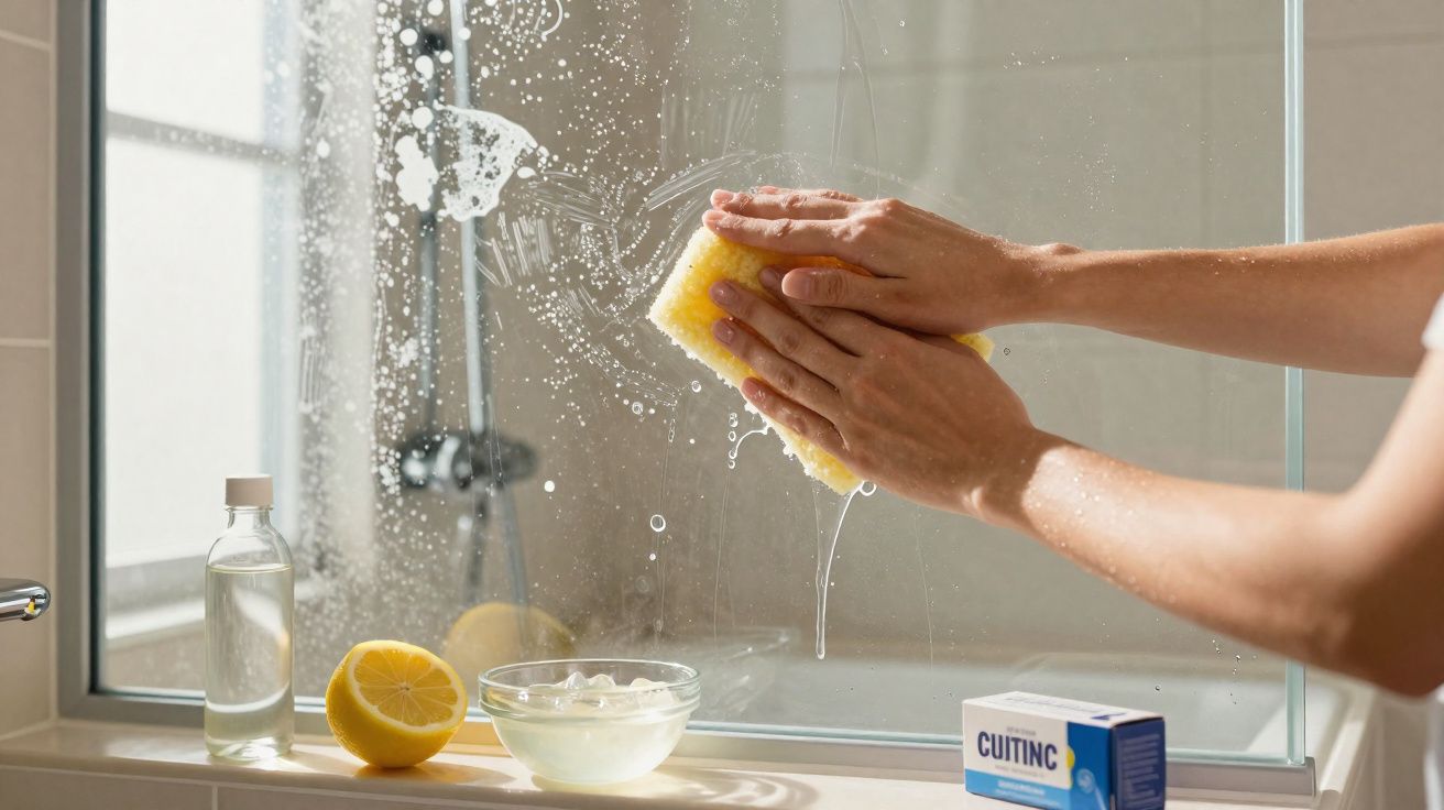 Hands cleaning a shower glass door with a yellow sponge and soapy water, lemon and cleaning supplies on the window sill.