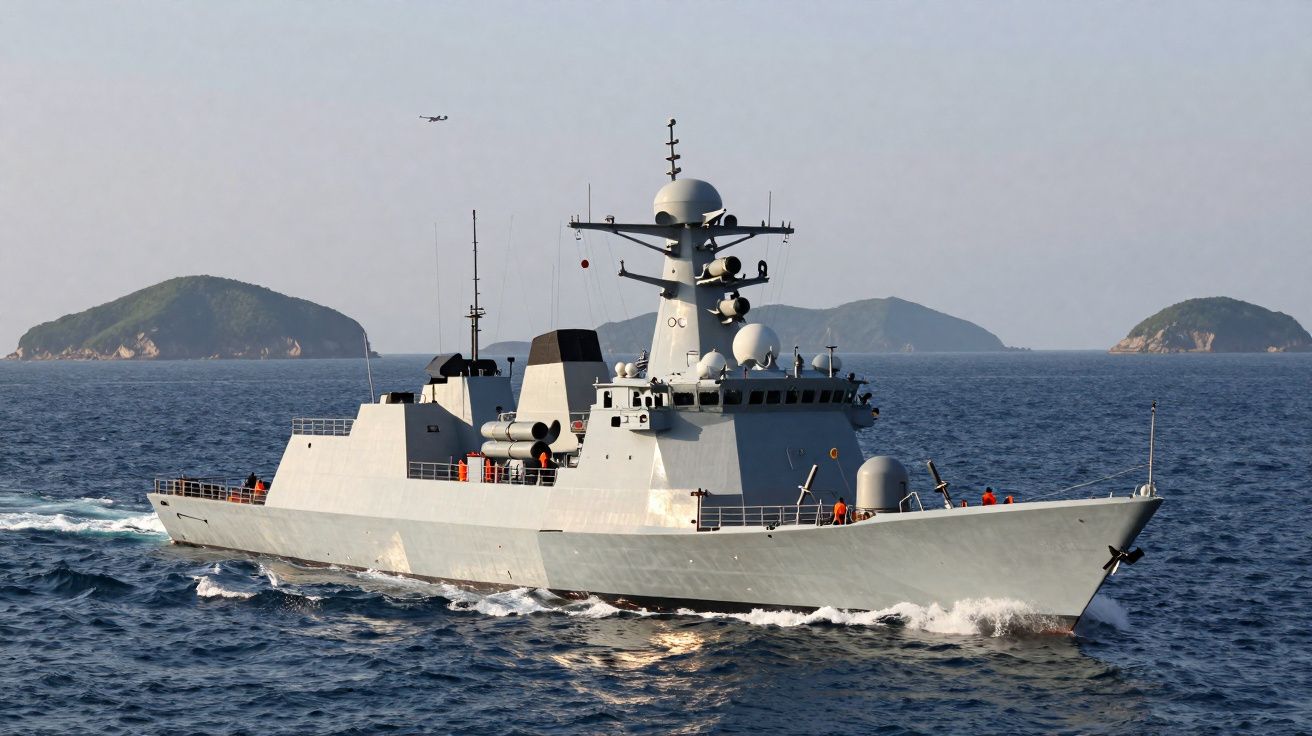 Grey naval warship sailing in calm sea waters with small islands in the background under clear sky.