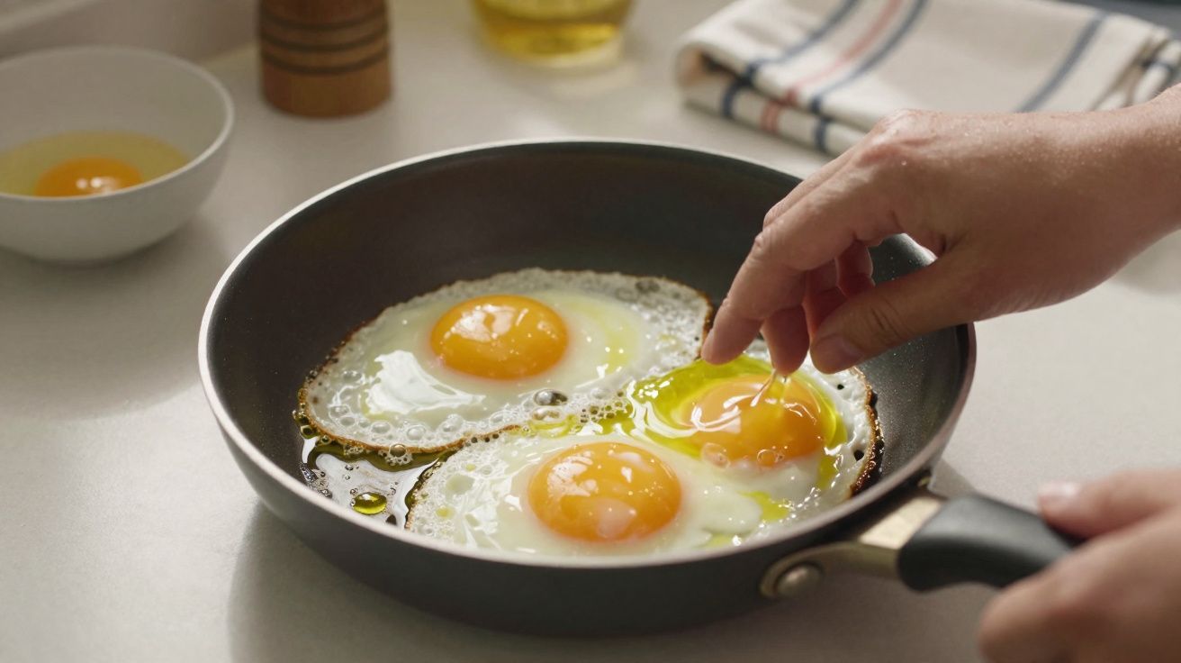 Hand cracking an egg into a frying pan with two fried eggs cooking on a kitchen countertop.