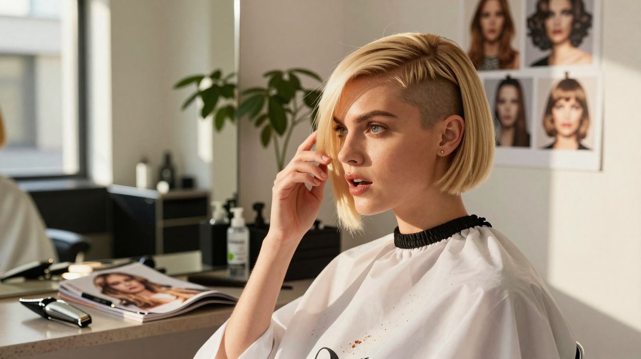 Young woman with short blonde undercut hairstyle sitting in a salon chair wearing a white cape.