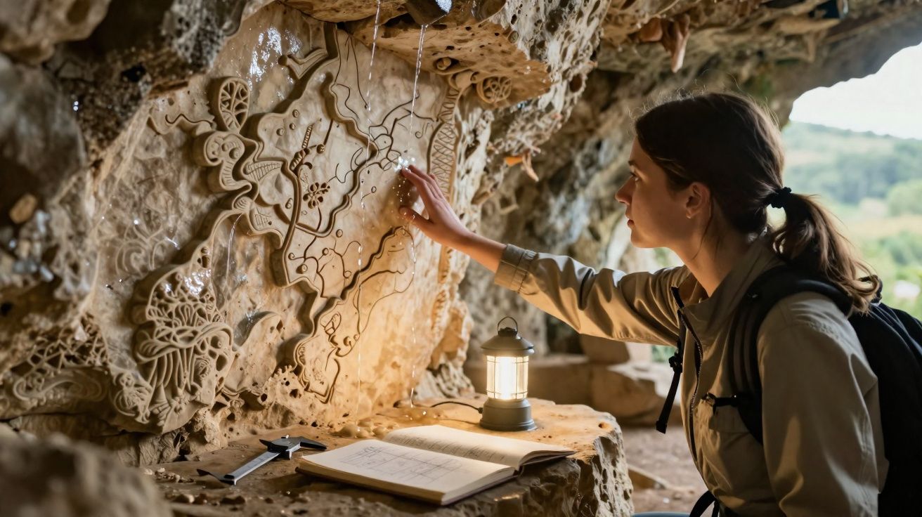 Person exploring intricate rock carvings in a cave with a lantern and open book nearby.