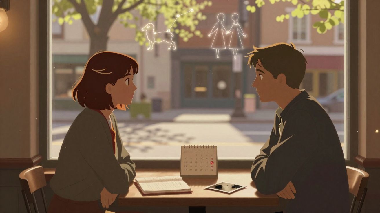 Animated couple sitting at a table by a window, facing each other with a calendar and notepad between them.