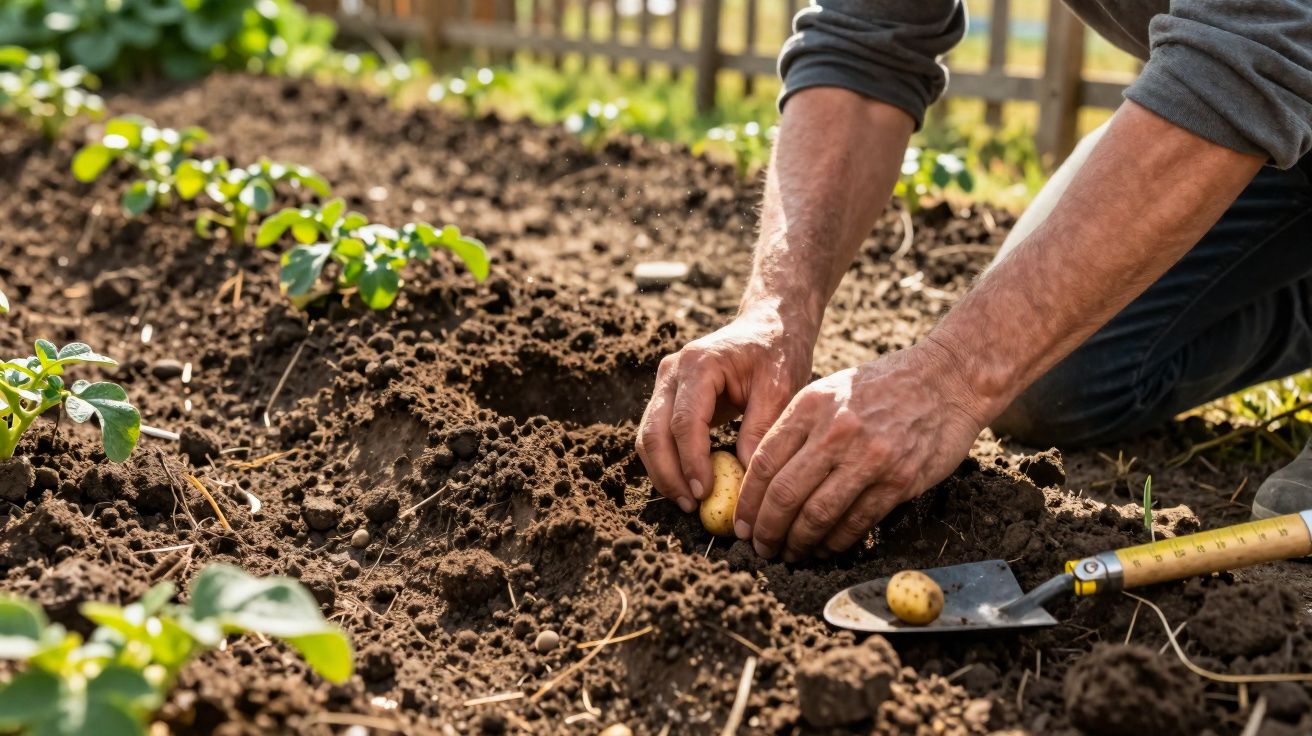 Hands planting a small potato in soil with a gardening trowel and young plants in a sunlit garden bed.