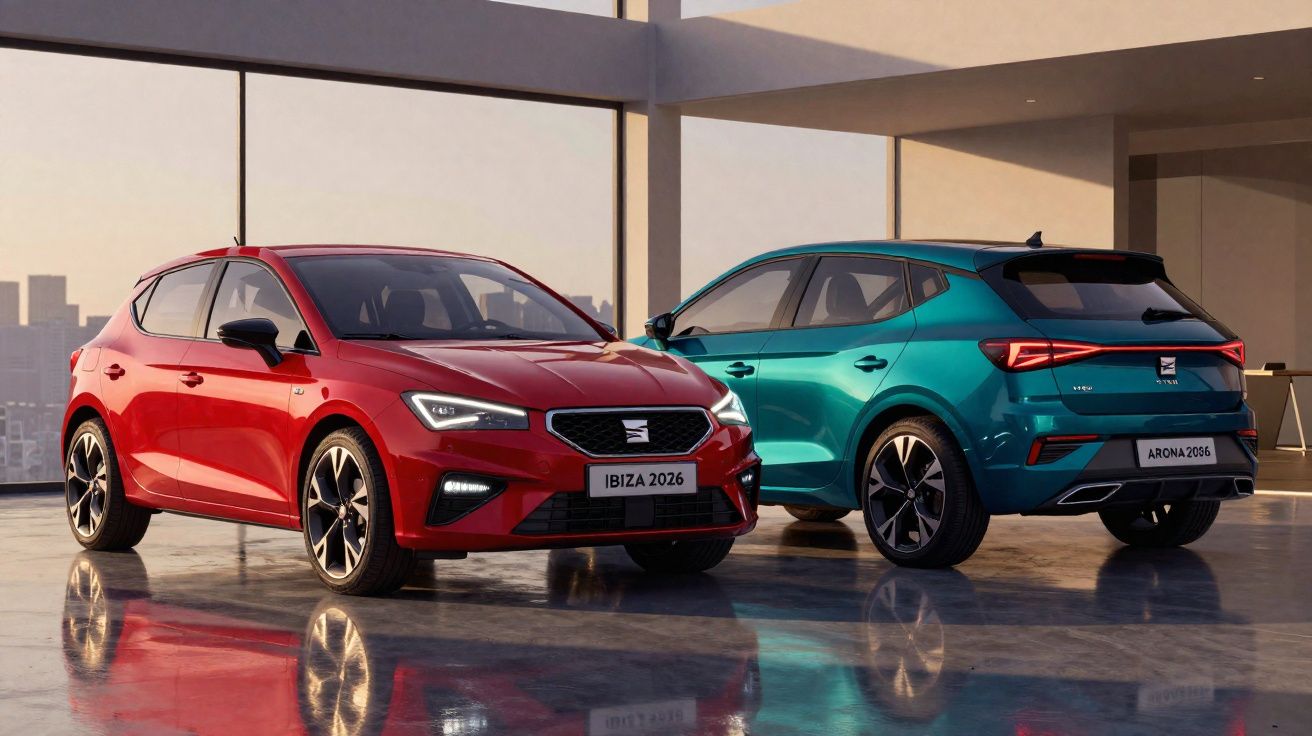 Red SEAT Ibiza 2026 hatchback and turquoise SEAT Arona 2026 SUV parked indoors with city view.