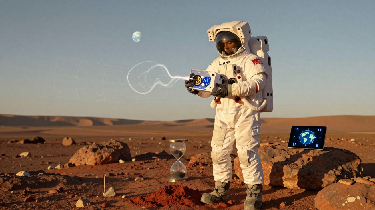 Astronaut in space suit holding futuristic device on rocky Mars-like landscape with Earth and hourglass nearby.