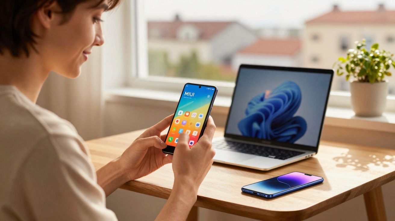 Person using a smartphone with apps open, sitting at a desk with a laptop and another phone nearby by a window.