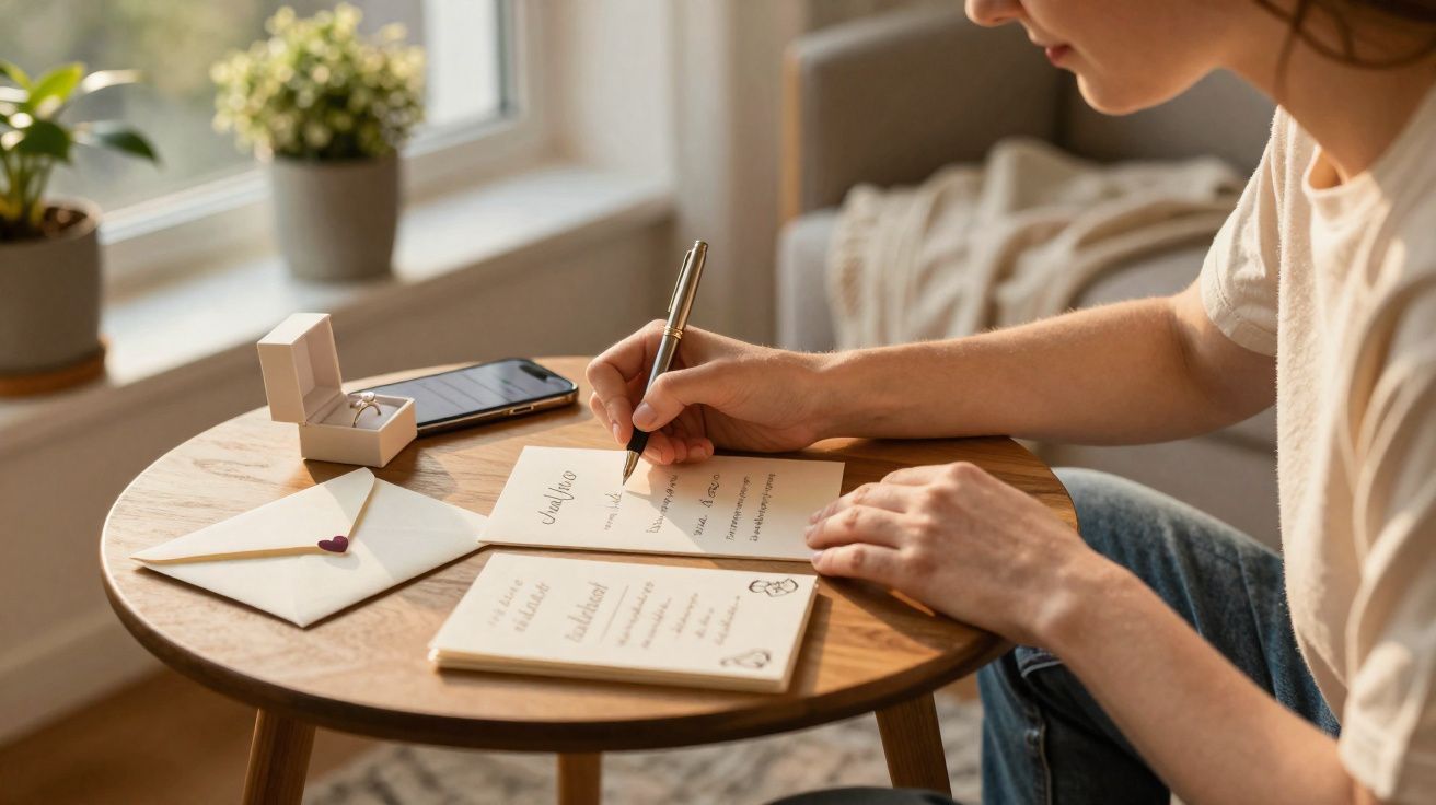 Person writing on wedding invitation cards at a small round wooden table with a ring box and envelope nearby.