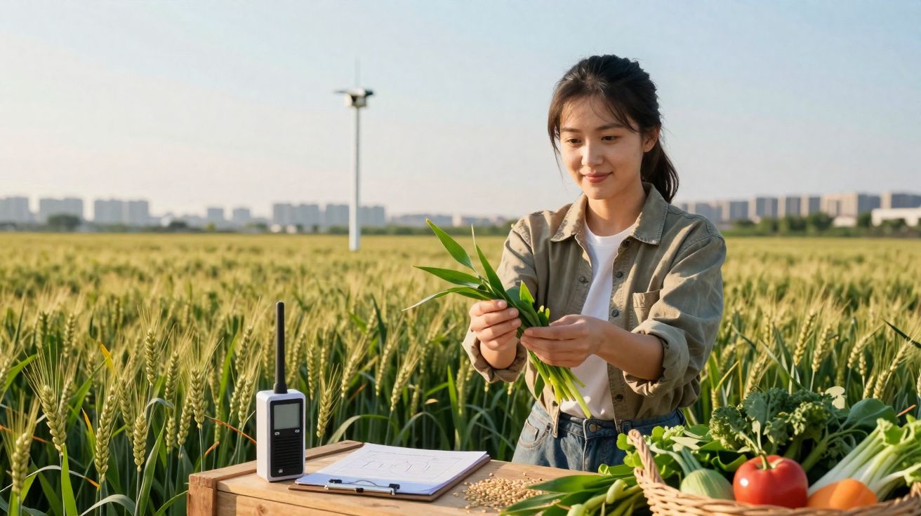 Young woman examining crops in a field with a clipboard, walkie-talkie, and fresh vegetables on a wooden table.