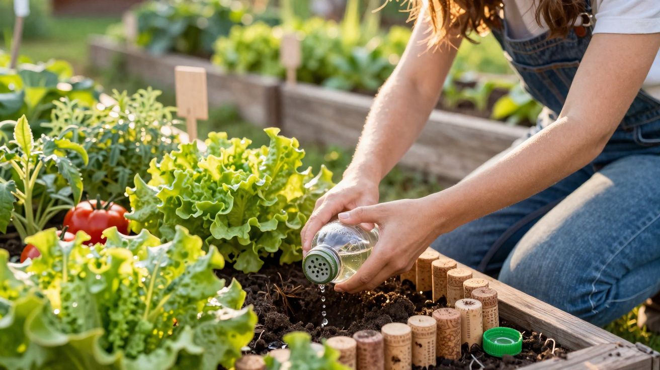 Person watering plants in a raised garden bed with fresh green lettuce and tomatoes in sunlight.