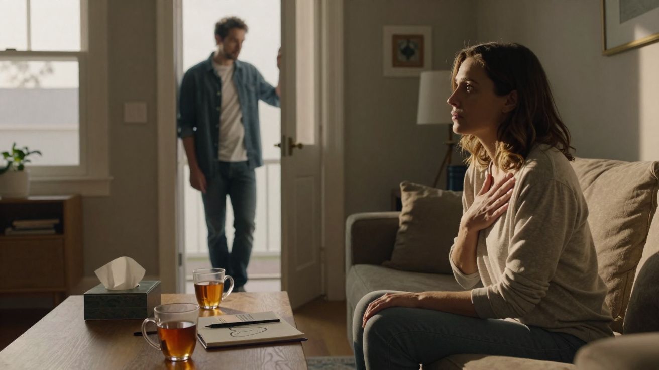 Woman sitting on sofa with hand on chest looking distressed while man stands by door in background