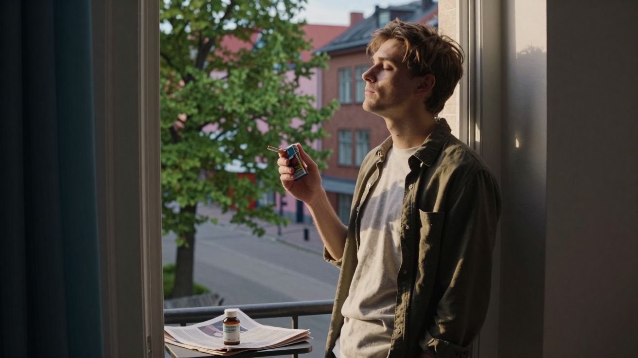 Young man standing on balcony smoking a cigarette with eyes closed, sunlight on his face and buildings in the background.