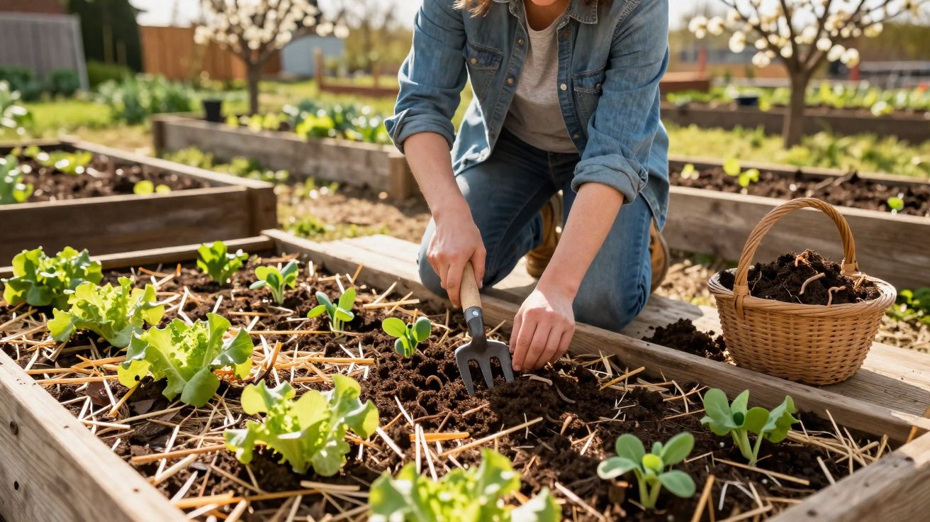 Person planting seedlings in a raised garden bed with a basket of soil on a sunny day.