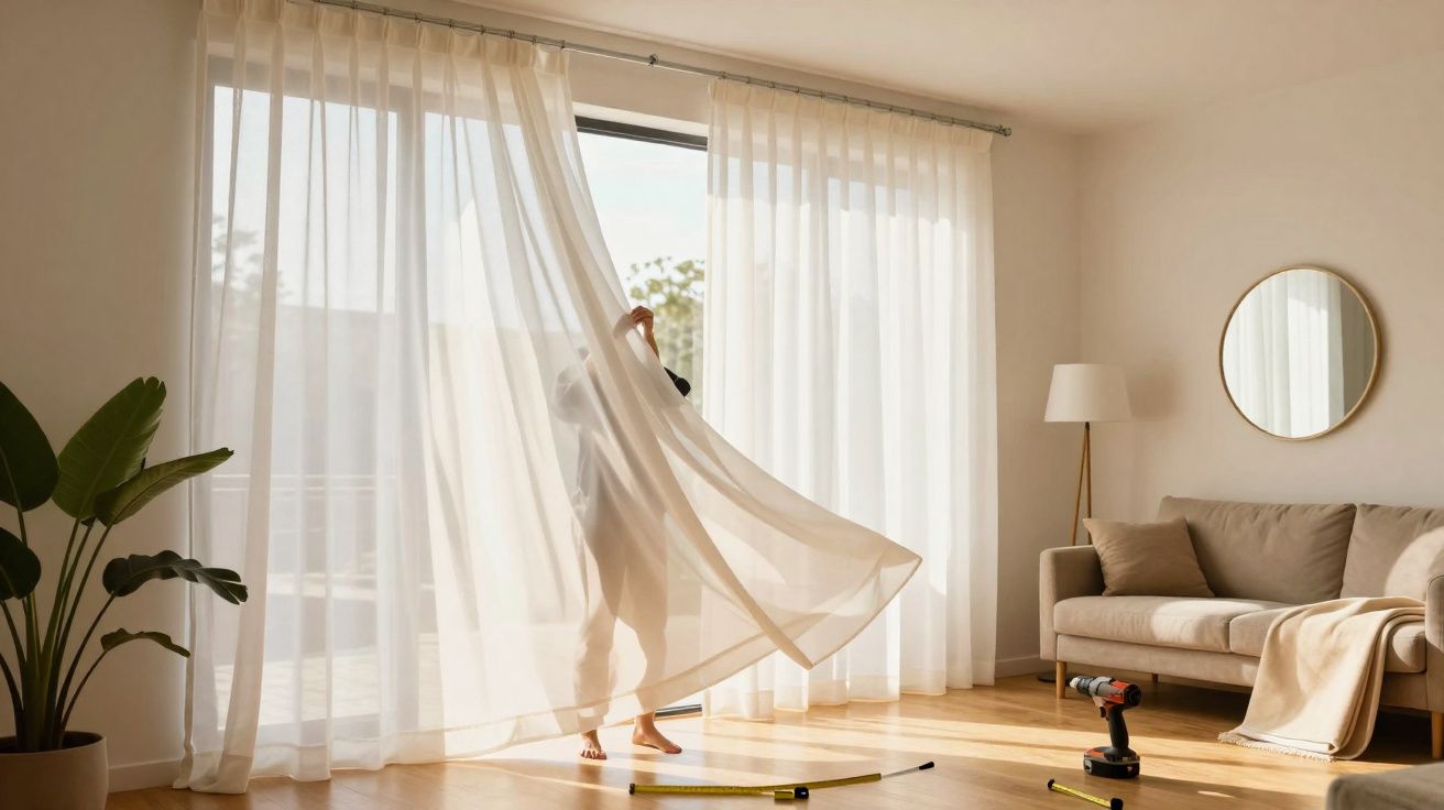 Person adjusting sheer curtains in a sunlit living room with sofa, plant, floor lamp and power drill on wooden floor.