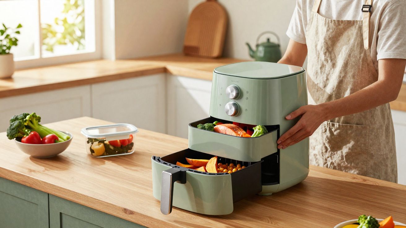 Person using a green air fryer with two open trays cooking vegetables in a bright kitchen.