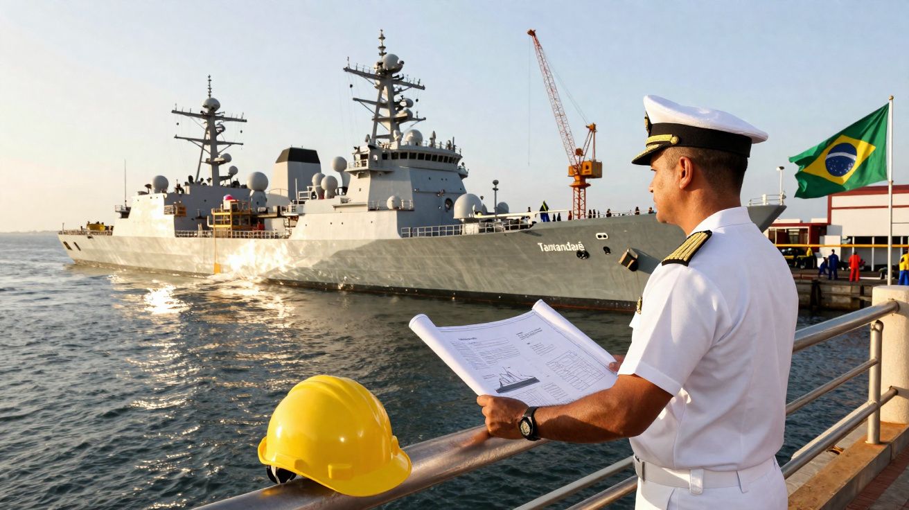 Naval officer in white uniform holding documents, overlooking warships docked at port with Brazilian flag.