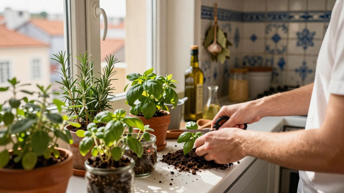 Person tending to potted herbs on a sunny kitchen windowsill with soil and gardening tools.