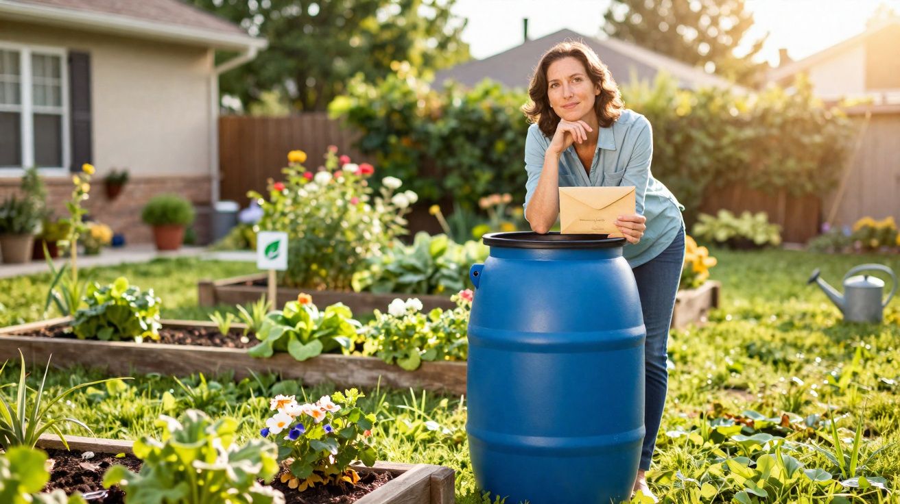 Woman holding an envelope leaning on a blue rain barrel in a sunlit garden with raised flower beds.