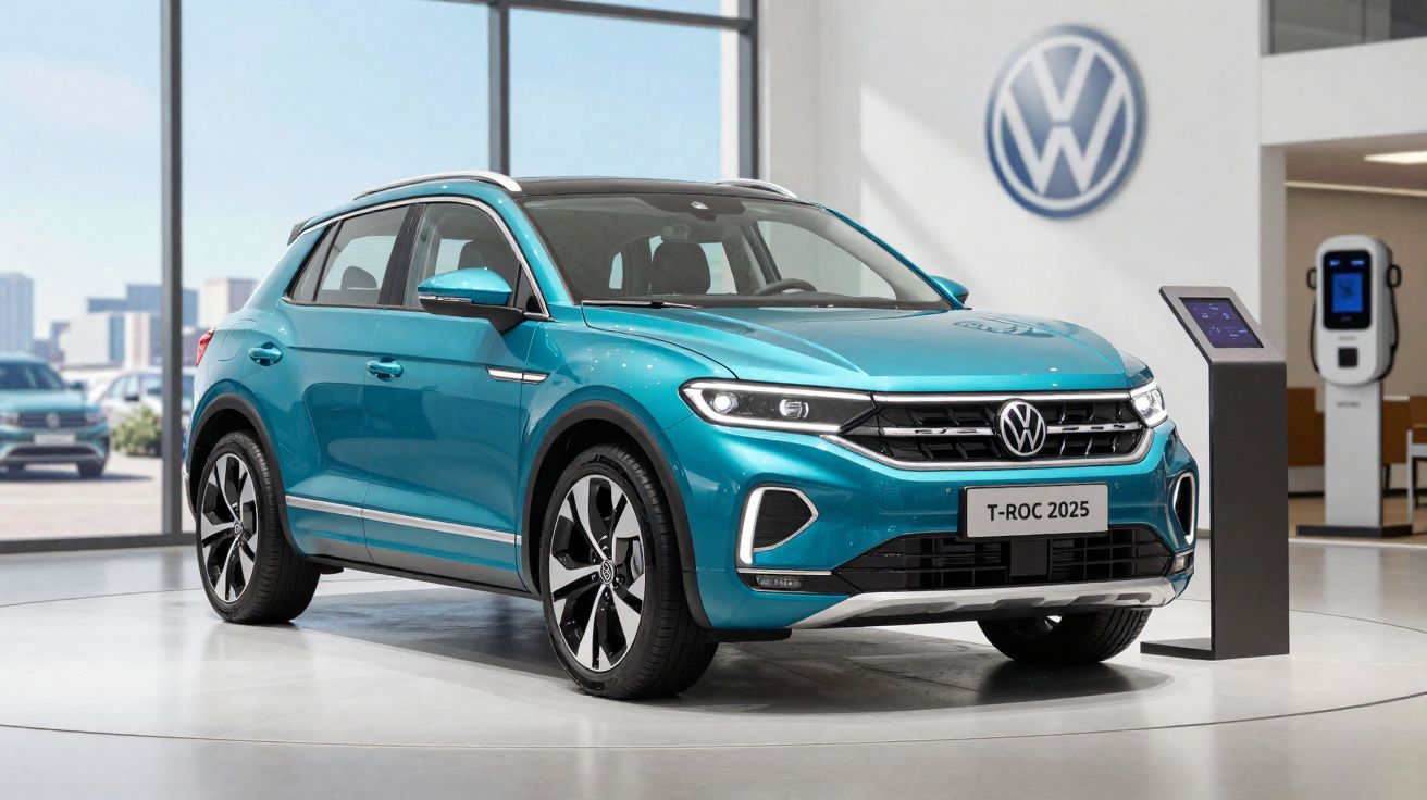 Blue 2025 Volkswagen T-Roc SUV showcased indoors with digital display and charging station in background.