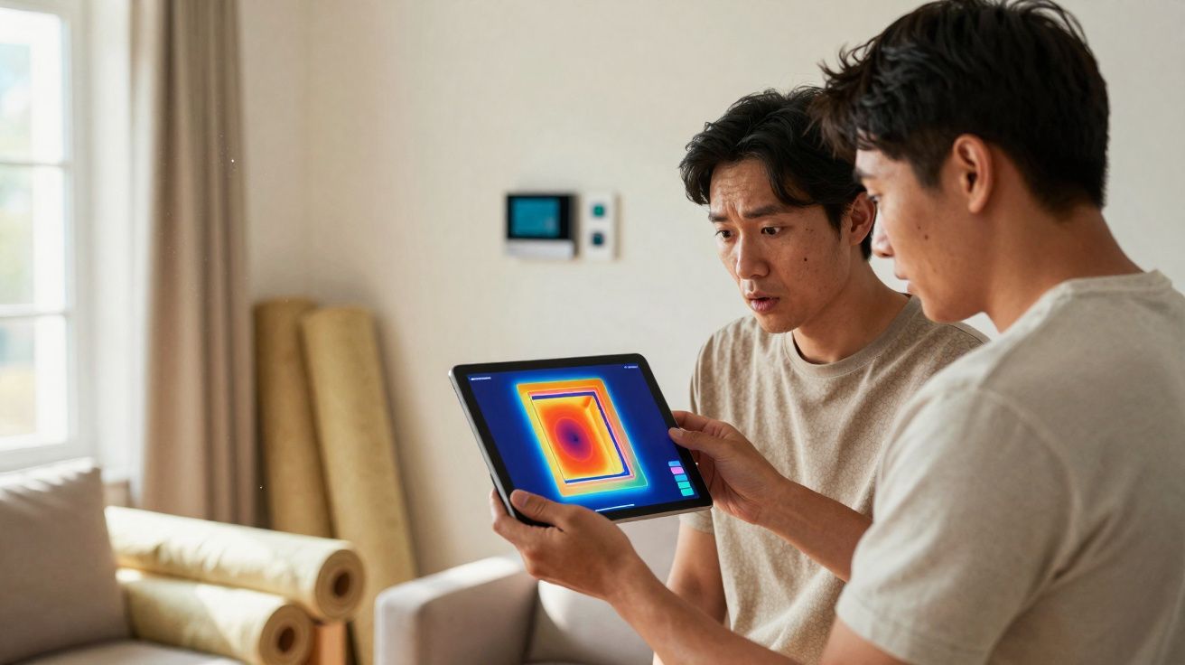Two men examine a thermal imaging scan on a tablet in a brightly lit living room.