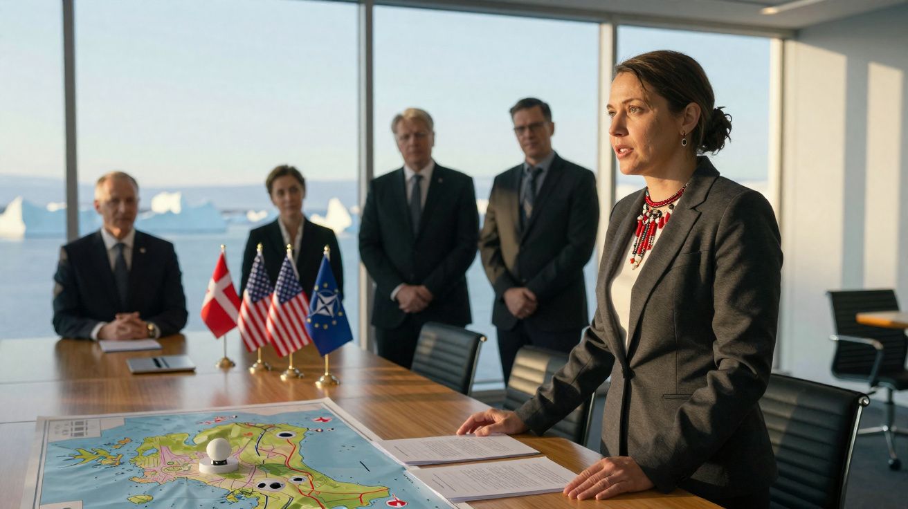 Woman in a suit speaking at a table with a map and flags, while four people listen in a bright room.