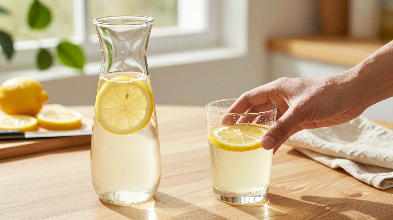 Hand reaching for a glass and carafe of lemon water on a wooden table near sliced lemons.