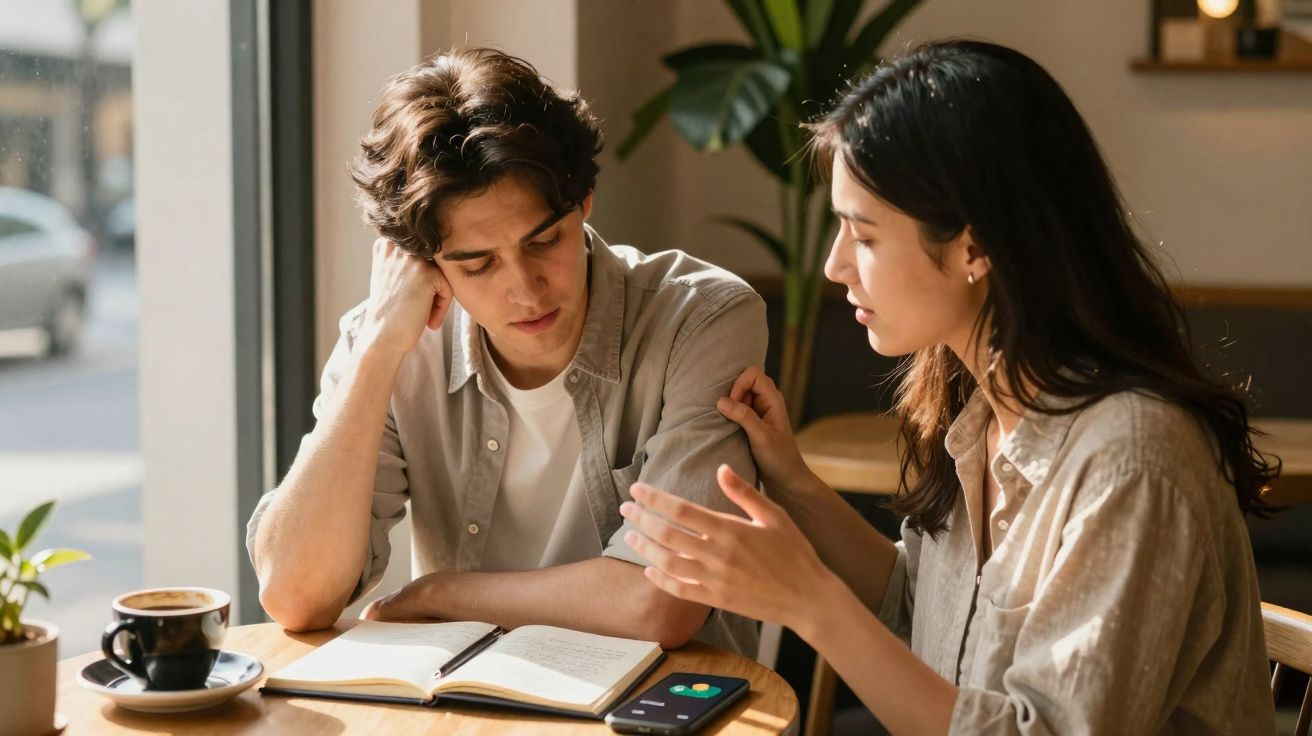 Two young adults having a serious conversation at a café table with an open notebook and coffee cup.