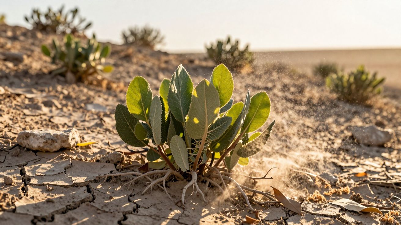 Green plant growing in cracked dry soil with dust rising in a sunlit arid landscape.