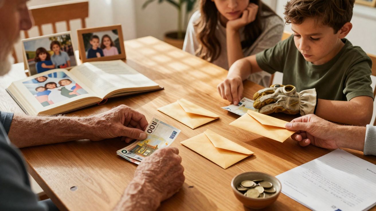 Family sorting money into envelopes at a wooden table with photo albums and documents nearby
