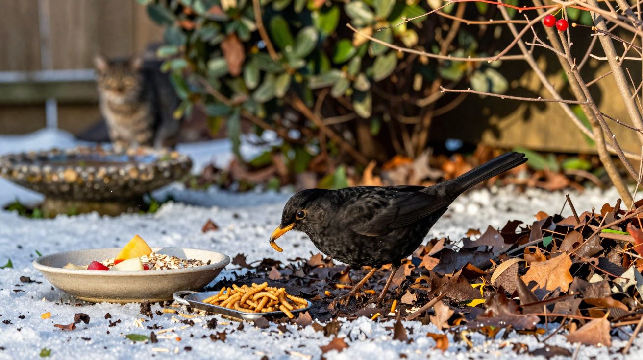 Blackbird pecking at mealworms on a garden floor covered in snow and dry leaves near bird food bowls.