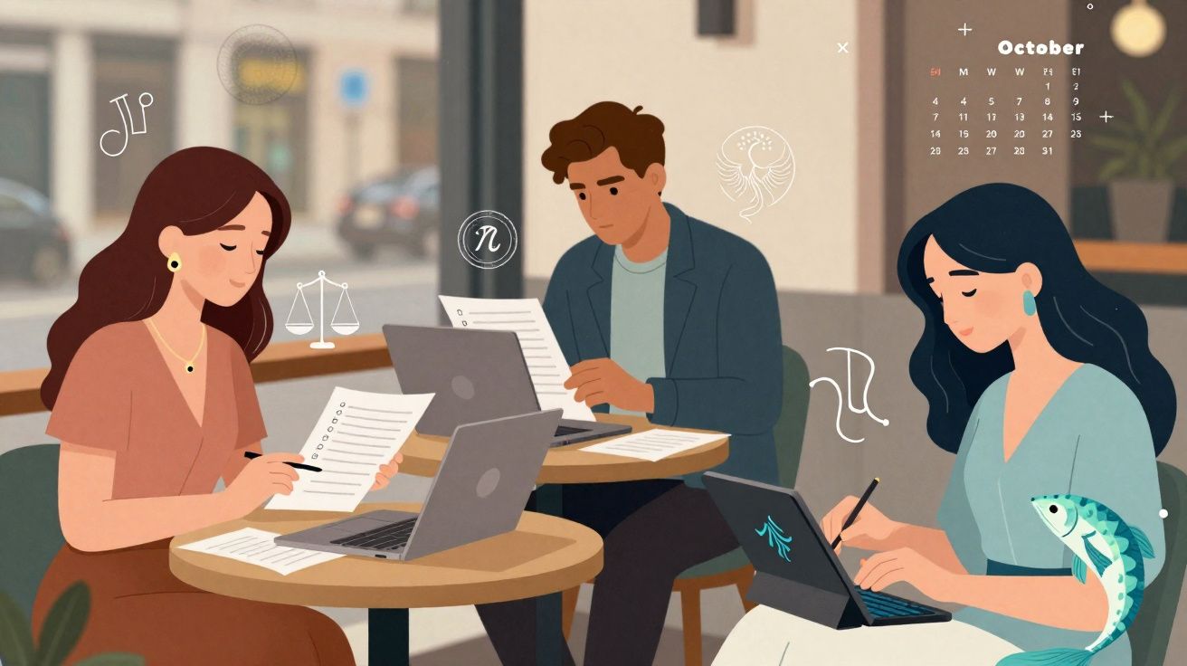 Three people working on laptops and papers at cafe tables with zodiac symbols and an October calendar.