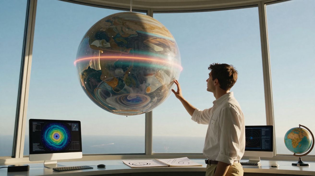 Man in office interacting with a large illuminated globe suspended near panoramic windows overlooking the sea.