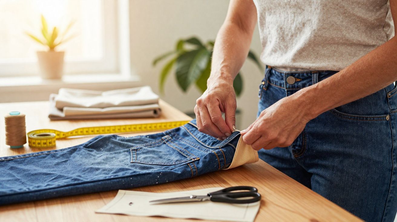 Person sewing fabric onto blue denim jeans at a wooden table with scissors and measuring tape nearby.