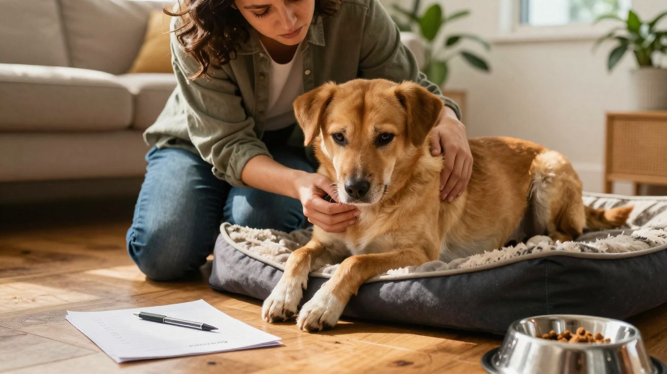 Woman kneeling beside a calm dog resting on a bed in a living room with papers and dog food nearby.