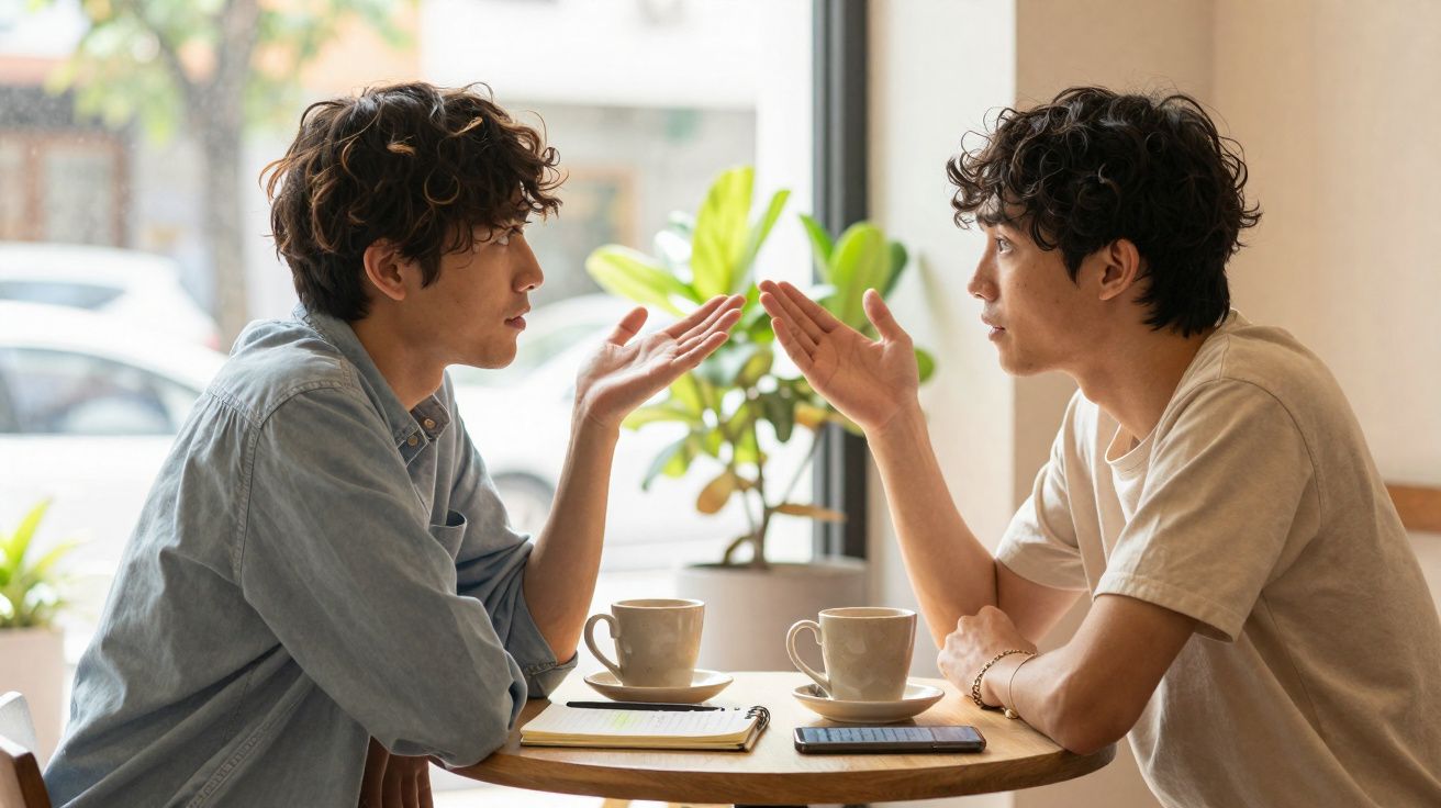 Two young men having an engaged conversation over coffee at a round table in a cafe.