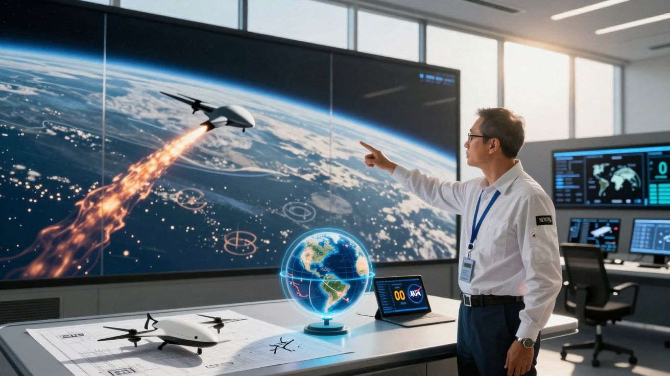 Scientist in control room analysing drone launch over Earth on large screen with globe and drone models on table.