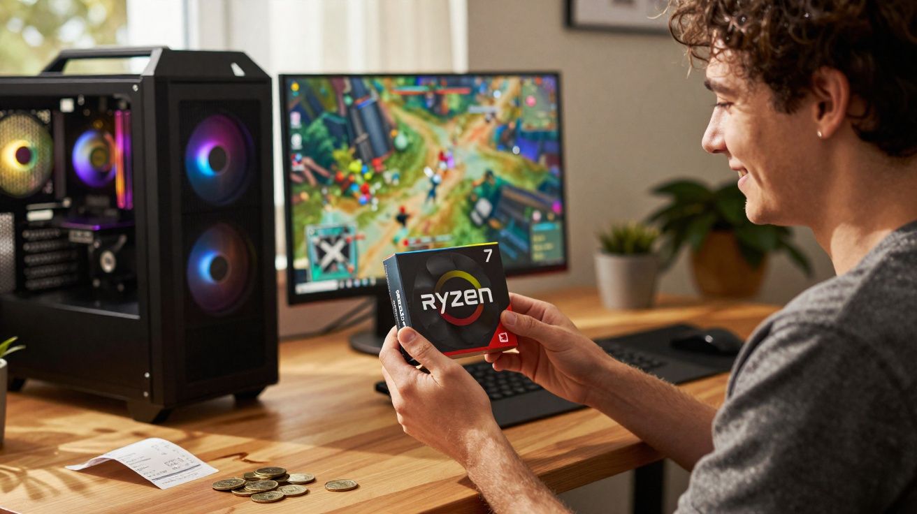 Smiling man holding a Ryzen 7 CPU box at a desk with a gaming PC and colourful game on monitor.