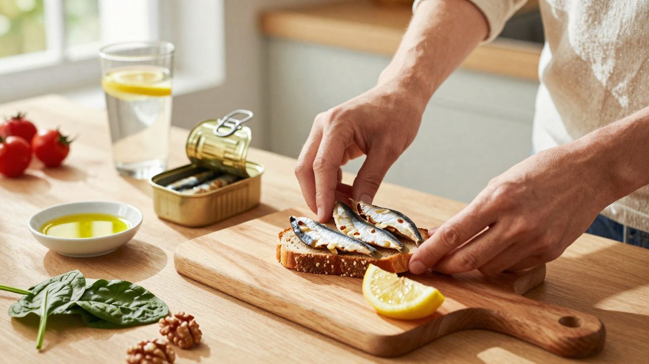 Person placing sardines on seeded bread with lemon wedge, olive oil, spinach, walnuts, and glass of lemon water nearby.
