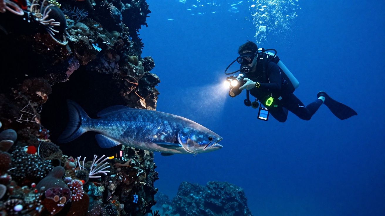 Scuba diver with underwater camera shining light on large fish near vibrant coral reef in clear blue ocean water.