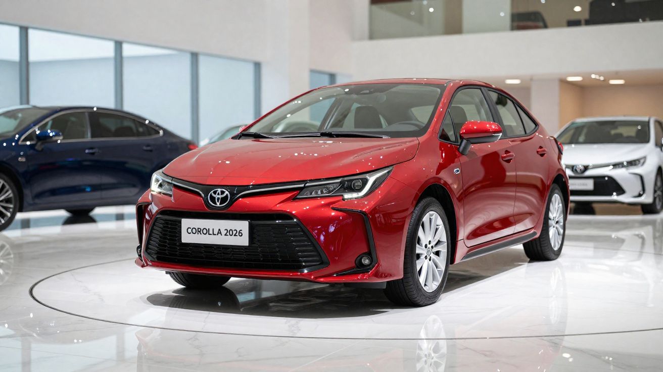 Red 2026 Toyota Corolla sedan displayed in a bright showroom with other cars in the background.