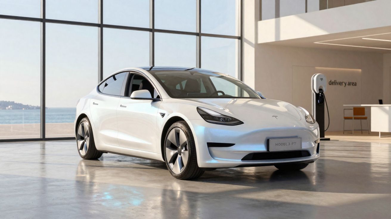 White Tesla Model 3 electric car parked inside a modern showroom near a charging station and large windows.