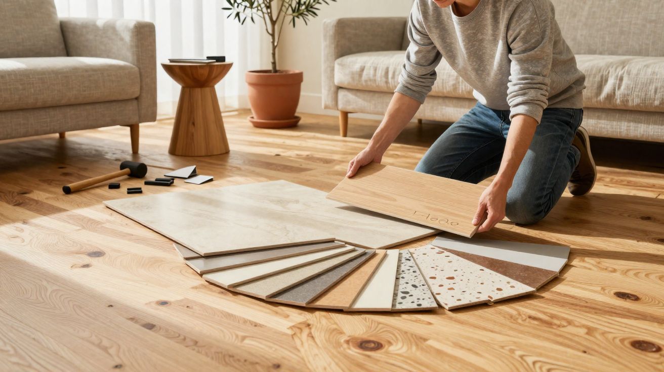 Person kneeling on wooden floor examining various flooring samples arranged in a semi-circle.