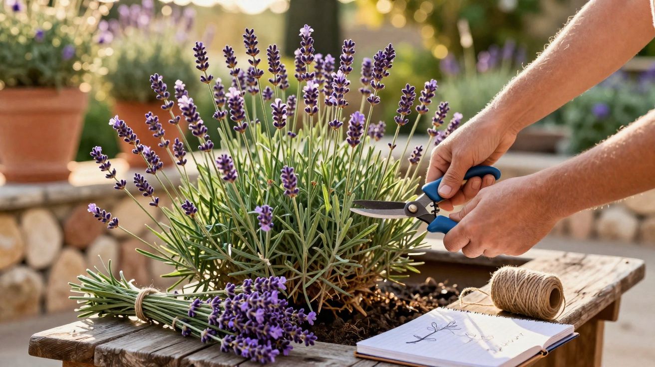 Hands pruning a lavender plant on a wooden table with a notebook, string, and a bundle of cut lavender nearby.