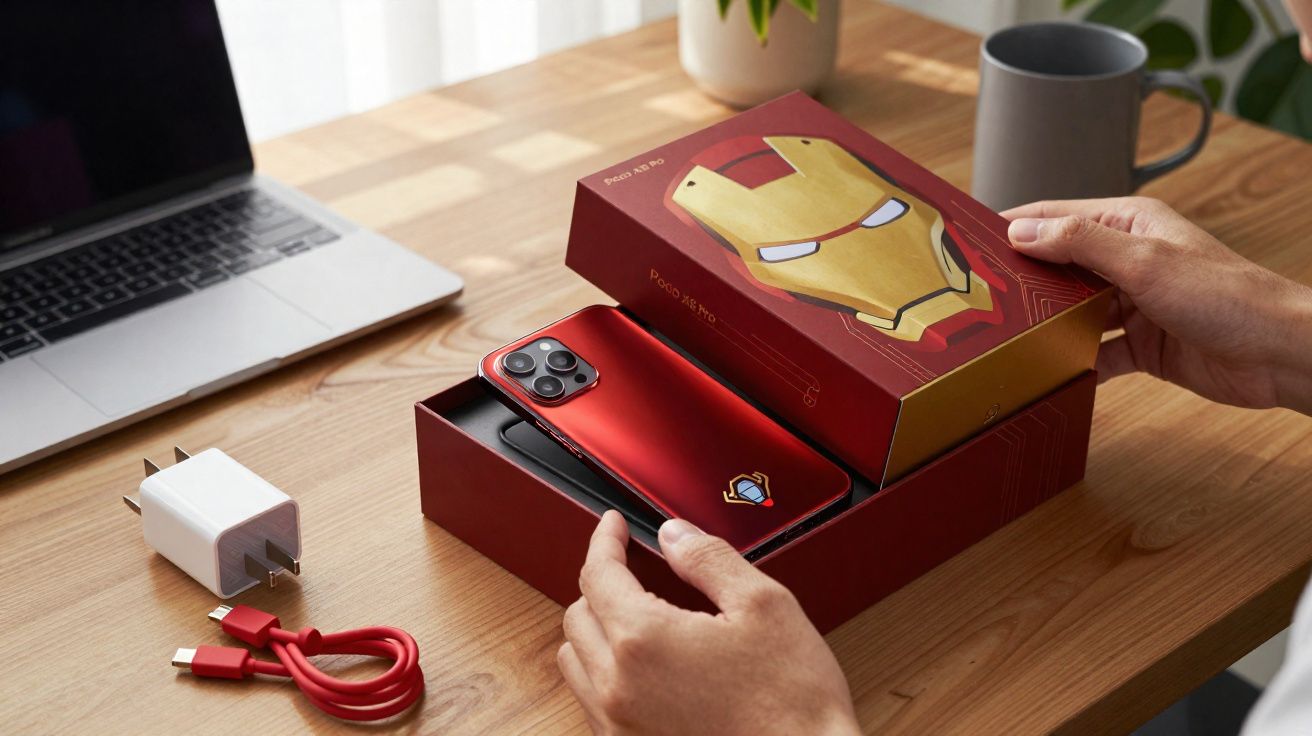 Person unboxing a red Iron Man themed smartphone on a wooden desk with a laptop and charger nearby.
