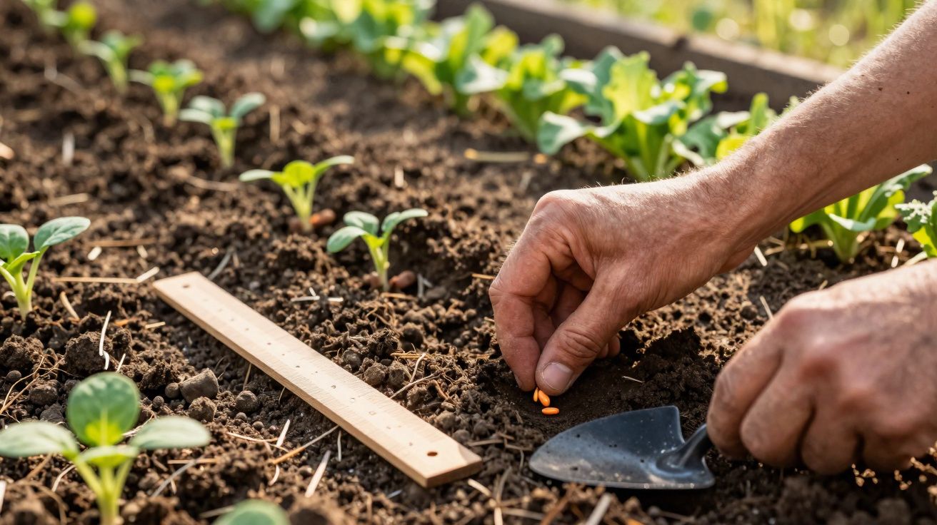 Hands planting orange seeds in soil with seedlings, ruler, and small gardening tool nearby in garden bed.