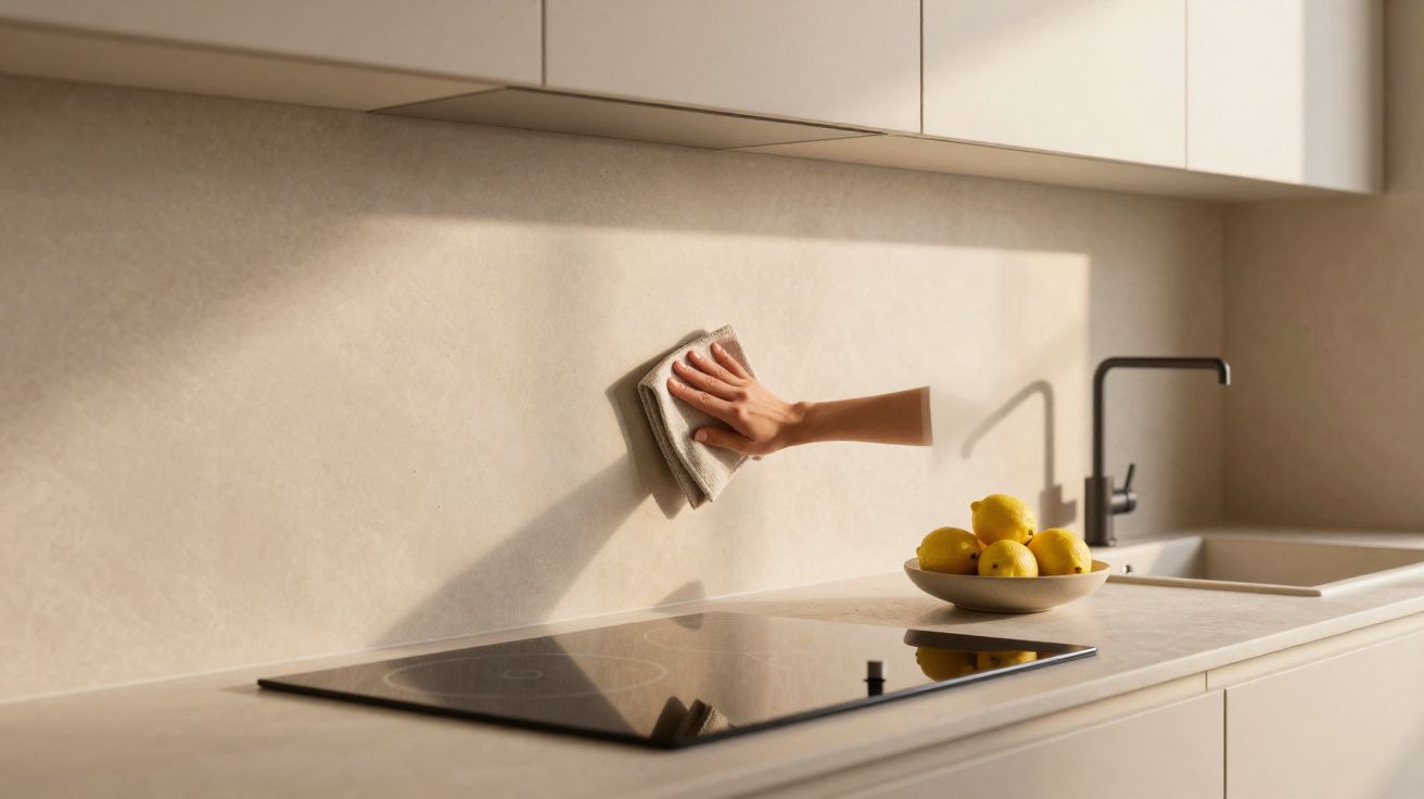 Hand wiping a beige kitchen backsplash with a cloth beside a stove and a bowl of lemons on the countertop.