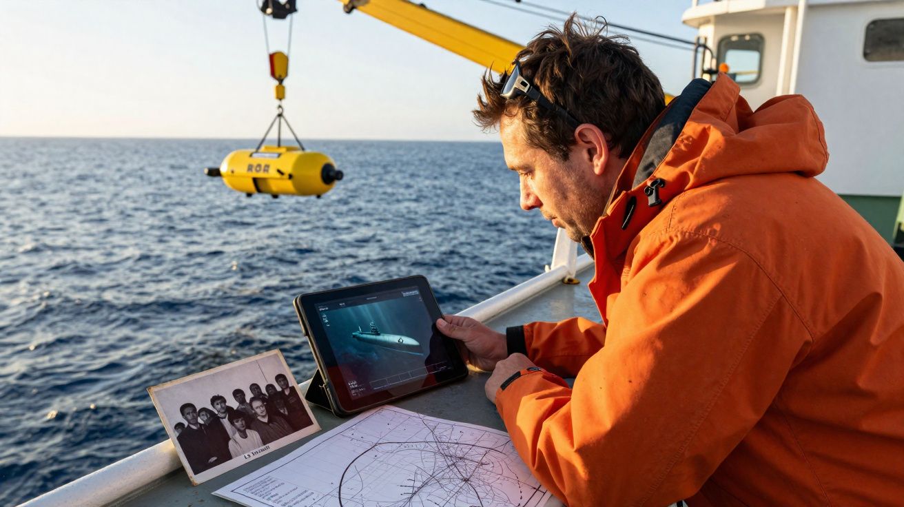 Man in orange jacket analysing underwater drone data on tablet aboard research vessel at sea.